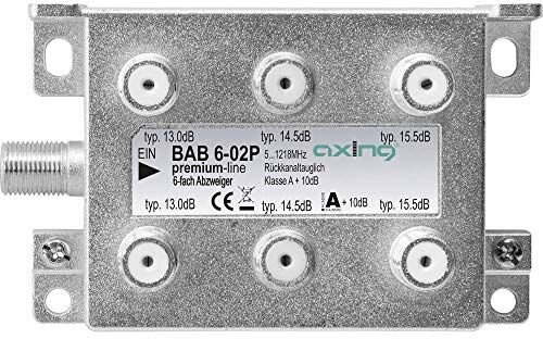 BAB00602P Axing BAB 6-02P Cable splitter Grey Axing BAB 6-02P, Cable splitter, 5-1218 MHz, Grey, A, 15.5 dB, F