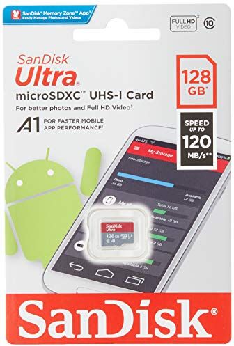 SDSQUAR-128G-GN6MN SanDisk Ultra 128 GB microSDXC minneskort upp till 100 MB/sek, klass 10, U1, A1,  grå, röd SDSQUAR-128G-GN6MN SanDisk Ultra 128 GB microSDXC minneskort upp till 100 MB/sek, klass 10, U1, A1,  grå, röd