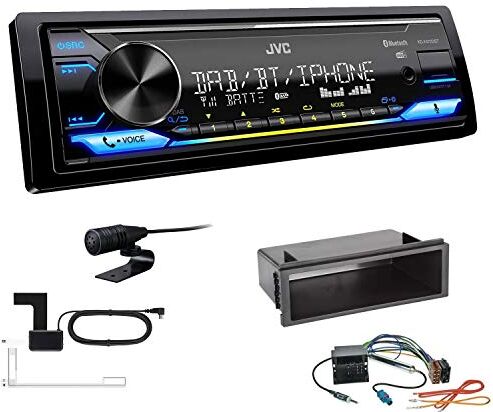 KDX472DBT+Einbauset JVC KD-X472DBT 1-DIN bilradio Bluetooth USB inkl. DAB antenn installationssats passar Volkswagen VW T5 Transporter upp till 2015 svart OEM 1-DIN