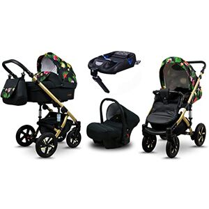 BabyLux Barnvagn 4in1 Sky Lark Isofix Base Barnvagn Deep Sleeper och bilbarnstol Certifikat OEKO-TEX STANDARD 100 59cmx110cmx112cm 14 kg Paradise Flowers Gold Frame