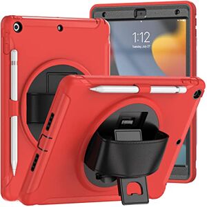 Apple Fodral för iPad 10,2 tum 2021/2020/2019 iPad 9:e/8:e/7:e generationen, robust stötsäkert fodral i militär kvalitet med [360 roterande stativ/handrem], röd