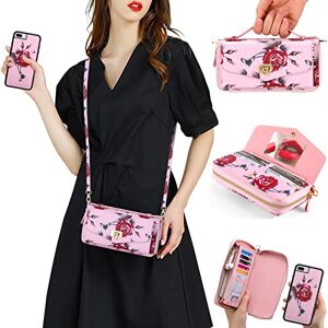 Apple Crossbody Wallet Case for iPhone 7/8/SE 2020/2022, RFID Blocking PU Leather Zipper Handbag Purse Case Detachable Magnetic Case 12 Card Holder with Wrist Strap,Pink