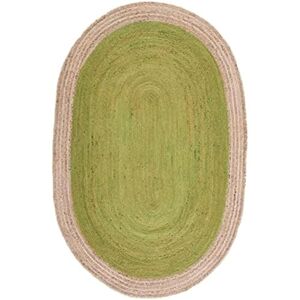 ART Jaipur konst och hantverk grön med beige kant handgjord oval flätad vändbar juteområde matta storlek – (2 x 3 kvadratfot), (60 x 90 cm)