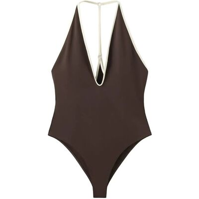 Mango V-Neck Swimsuit With Contrasting Trim S DARK BROWN S Mango V-Neck Swimsuit With Contrasting Trim S DARK BROWN S