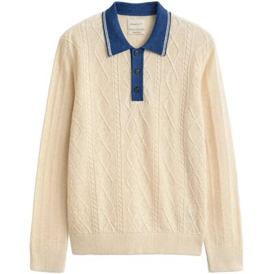Gant Linen Cotton Silk Blend Cable Polo M CREAMED WHITE M Gant Linen Cotton Silk Blend Cable Polo M CREAMED WHITE M