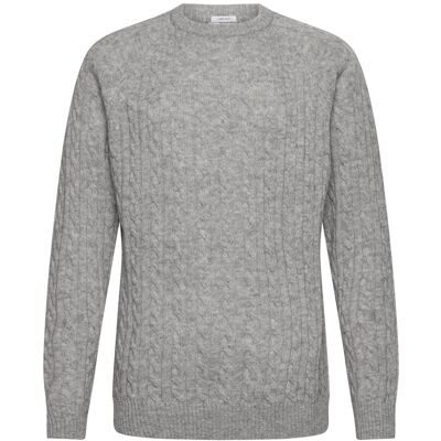 Lindbergh Lambswool Raglan Cable O-Neck Knit M MID GREY MEL M Lindbergh Lambswool Raglan Cable O-Neck Knit M MID GREY MEL M