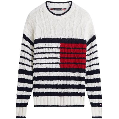 Tommy Hilfiger Breton Flag Cable Crew M IVORY PETAL DESERT SKY MEDIUM RED M Tommy Hilfiger Breton Flag Cable Crew M IVORY PETAL DESERT SKY MEDIUM RED M