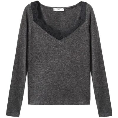 Mango Lace-Trimmed Scoop-Neck Top XS MEDIUM GREY XS Mango Lace-Trimmed Scoop-Neck Top XS MEDIUM GREY XS