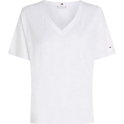 Tommy Hilfiger Rlx Linen Lyocell V-Nk Ss XS TH OPTIC WHITE XS Tommy Hilfiger Rlx Linen Lyocell V-Nk Ss XS TH OPTIC WHITE XS