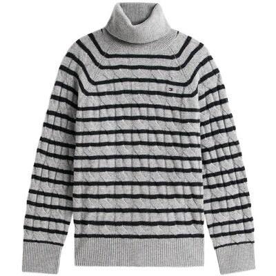 Tommy Hilfiger Soft Wool Cable Roll-Nk Ls Swt M MID GREY HEATHER/BLACK STP M Tommy Hilfiger Soft Wool Cable Roll-Nk Ls Swt M MID GREY HEATHER/BLACK STP M