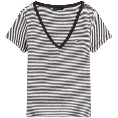 Tommy Jeans Tjw Slim Essential Rib V Ss XXS BLACK ECRU STRIPE XXS Tommy Jeans Tjw Slim Essential Rib V Ss XXS BLACK ECRU STRIPE XXS