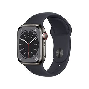 Apple  Watch Series 8 (GPS + Cellular, 41mm) Smartklocka rostfri stålboett grafit • sportband midnatt – standard. Träningsmätare, apparna Syrenivå i blodet och EKG, vattentålig