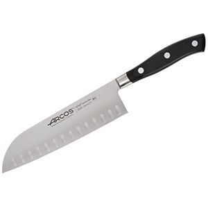 Arcos Santoku-kniv rostfritt stål. Japansk professionell kökskniv för att skära kött, fisk och grönsaker. Ergonomiskt handtag av polyoxymetylen och 180 mm blad. Serie Riviera. Färg Svart.