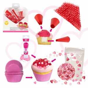 SF -102 Dekorationsset för fyllda cupcakes, muffins-dekorationsset med 3 spetstyllar och 8 ärmar, rosa sockerströssel, livsmedelsfärg och 50 stycken muffins-bakformar, vit och rosa