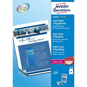 Avery 1298 Superior Colour Laser Papper (200 ark, 170 g/m², DIN A4-papper, belagd på båda sidor, glänsande, vit, FSC, för fototryck med färglaserskrivare) 1-pack