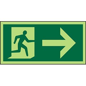 SECO Fire Exit – Man springer höger och pil pekar höger piktogram skylt fotoluminescerande halvhård plast Självlysande självhäftande vinyl 200mm x 100mm