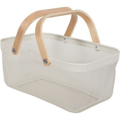 HOME-TEX Trådkorg - Vit trådkorg med trähandtag - 40x25x18 cm - Trendig förvaringslösning för hemmet HOME-TEX Trådkorg - Vit trådkorg med trähandtag - 40x25x18 cm - Trendig förvaringslösning för hemmet