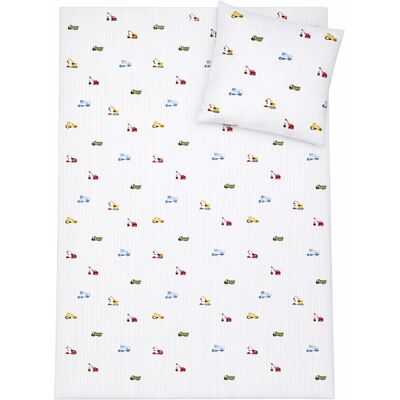 By Mats Randigt babypåslakan med arbetsmaskiner - 100% bomull - Babysängkläder 70x100 cm - Vitt med blå ränder och arbetsmaskiner By Mats Randigt babypåslakan med arbetsmaskiner - 100% bomull - Babysängkläder 70x100 cm - Vitt med blå ränder och arbetsmaskiner