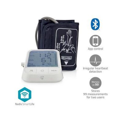 Nedis SmartLife Blodtrycksmätare Arm Bluetooth® LCD 22 - 42 cm Indikering av stillestånd / Upptäckt av att manschetten är påslagen / Upptäckt av oregelbundna hjärtslag Vit Nedis SmartLife Blodtrycksmätare Arm Bluetooth® LCD 22 - 42 cm Indikering av stillestånd / Upptäckt av att manschetten är påslagen / Upptäckt av oregelbundna hjärtslag Vit