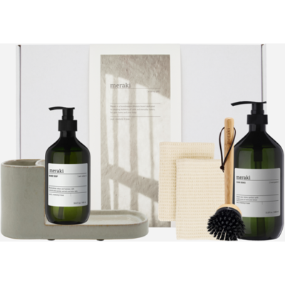 Meraki - Gift Box with Grey Holder, Nature Brush, Anti-Odour Hand Soap, Forest Garden Dish Wash - White - 490 ml - 1000 ml Meraki - Gift Box with Grey Holder, Nature Brush, Anti-Odour Hand Soap, Forest Garden Dish Wash - White - 490 ml - 1000 ml