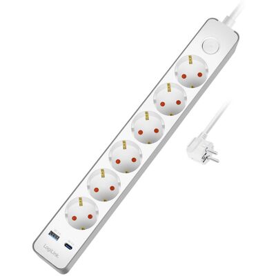 LogiLink: Grenuttag 6-vägs + USB-A/USB-C PD 20W med brytare 1,4m Vit LogiLink: Grenuttag 6-vägs + USB-A/USB-C PD 20W med brytare 1,4m Vit
