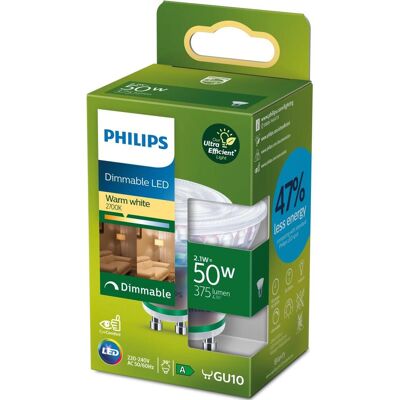 Philips: LED GU10 2,1W (50W) 375lm Dimbar 2700K Energiklass A Philips: LED GU10 2,1W (50W) 375lm Dimbar 2700K Energiklass A