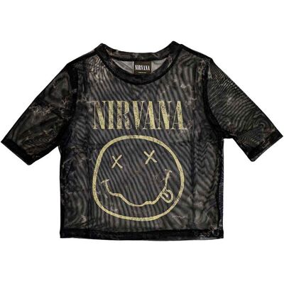 Nirvana: Ladies Crop Top/Yellow Happy Face (Black) (Mesh) (X-Small) Nirvana: Ladies Crop Top/Yellow Happy Face (Black) (Mesh) (X-Small)