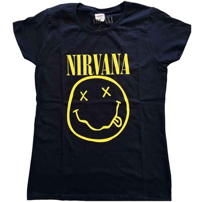 Nirvana: Ladies T-Shirt/Yellow Happy Face (Navy Blue) (X-Large) Nirvana: Ladies T-Shirt/Yellow Happy Face (Navy Blue) (X-Large)