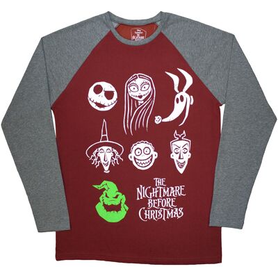 The Nightmare Before Christmas: Unisex Raglan T-Shirt/Stacked Faces (Maroon Red & Grey) (Embellished) (X-Large) The Nightmare Before Christmas: Unisex Raglan T-Shirt/Stacked Faces (Maroon Red & Grey) (Embellished) (X-Large)