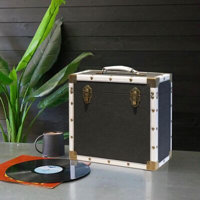 Steepletone Black & White: LP Record Storage Carry Case Black Cloth & White Leather Steepletone Black & White: LP Record Storage Carry Case Black Cloth & White Leather