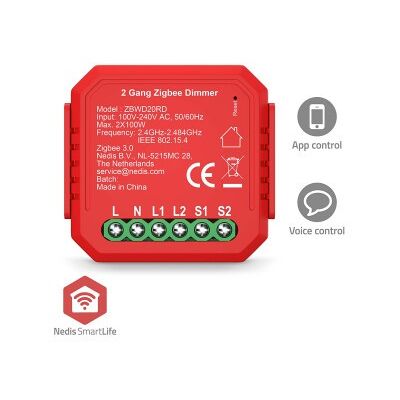 Nedis SmartLife Inbyggd Modul Zigbee 3.0 Dubbel triac-dimmer 2 x 100 W Terminalanslutning App tillgänglig för: Android(tm) / IOS Nedis SmartLife Inbyggd Modul Zigbee 3.0 Dubbel triac-dimmer 2 x 100 W Terminalanslutning App tillgänglig för: Android(tm) / IOS