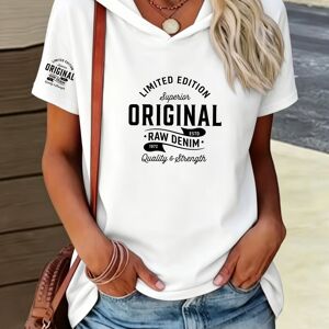 TEMU Vintage Workwear Style Printed Sleeves Y2k Style Women's Casual Sportswear Hooded Loose Fit Soft And Comfortable Top Elegant Fashionable Short Sleeve Hooded T-shirt - L(12/14)