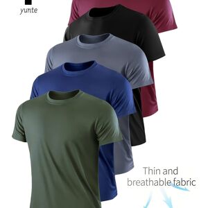 TEMU 5pcs Men's Quick-dry Green/navy/grey/black/ T-shirts - Breathable Moisture-wicking Round Neck Short Sleeve Shirts Suitable For Gym, Running, Training - Lightweight Summer Athletic Wear - L(40)