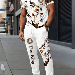 TEMU Fashion Lion Digital Printing Short-sleeved Round-neck Men' Casual Set, Casual , Casual Sportswear Breathable Outdoor Casual Men's T-shirt Five-piece Pants Set Summer Printed Adult Set - L(40)