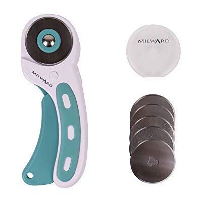 Milward 45 mm roterande skärare och 5 reservblad, ergonomiskt handtag med säkerhetslås, vänster- och högerhänt tyg, läder, hantverk, sömnad, quiltning, tygroterande skärare, turkos och vit Milward 45 mm roterande skärare och 5 reservblad, ergonomiskt handtag med säkerhetslås, vänster- och högerhänt tyg, läder, hantverk, sömnad, quiltning, tygroterande skärare, turkos och vit