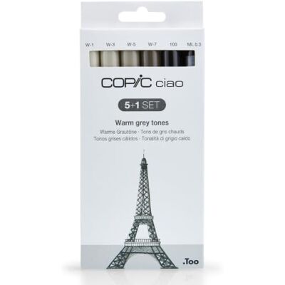 Copic Ciao märkpennor 5 + 1 set "varma gråtoner", 5 alkoholbaserade allround-layoutmärkpennor med en medelbred och en penselspets, inkl. 1 Multiliner 0,3 mm Copic Ciao märkpennor 5 + 1 set "varma gråtoner", 5 alkoholbaserade allround-layoutmärkpennor med en medelbred och en penselspets, inkl. 1 Multiliner 0,3 mm