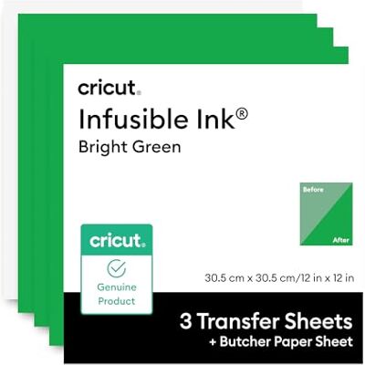 Cricut Infusible Ink överföringsark butcherpapper, lysande grön, för släta värmeöverföringar, 30,5 cm x 30,5 cm, kompatibel med Heat Press-förpackning med 3 ink-överföringsark och 1 knapp Cricut Infusible Ink överföringsark butcherpapper, lysande grön, för släta värmeöverföringar, 30,5 cm x 30,5 cm, kompatibel med Heat Press-förpackning med 3 ink-överföringsark och 1 knapp