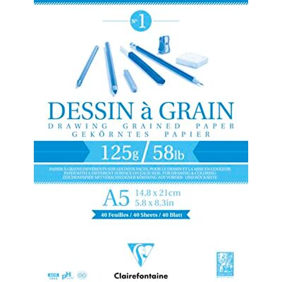 Clairefontaine 96686C – förpackning med 5 block limmade ritpapper kornat, 40 ark DIN A5, 125 g, vit, 1-pack Clairefontaine 96686C – förpackning med 5 block limmade ritpapper kornat, 40 ark DIN A5, 125 g, vit, 1-pack