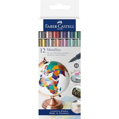 Faber-Castell 160713 Metallics-markör med fiberspets, 1,5 mm linjebredd, lämplig för många ytor, metallic-effekt, set om 12 Faber-Castell 160713 Metallics-markör med fiberspets, 1,5 mm linjebredd, lämplig för många ytor, metallic-effekt, set om 12
