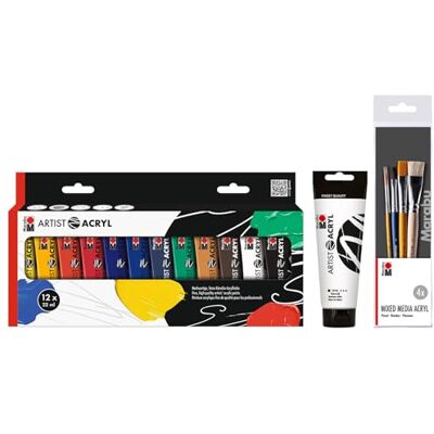 Marabu Artist Akryl, startpack, 12 x 22 ml och 120 ml titanvit, inklusive penselset, basplagg med 4 penslar i storlekarna 16, 14, 8 och 6, fin akrylfärg i konstnärskvalitet Marabu Artist Akryl, startpack, 12 x 22 ml och 120 ml titanvit, inklusive penselset, basplagg med 4 penslar i storlekarna 16, 14, 8 och 6, fin akrylfärg i konstnärskvalitet