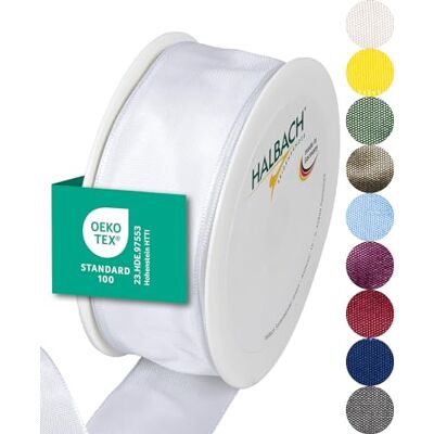 Halbach sidenband premium presentband med trådkant bredd 40 mm längd 25 m Öko-Tex 100 certifierat band Taftband Made in Germany, färg: vit Halbach sidenband premium presentband med trådkant bredd 40 mm längd 25 m Öko-Tex 100 certifierat band Taftband Made in Germany, färg: vit