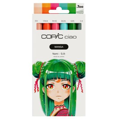 Copic Ciao MANGA Set Nami, märkpenna set med 5 ljusa gröna och blå toner inkl. 1 multiliner 0,3 mm grönt, tvillingmärkpenna med en medelbred och en penselspets Copic Ciao MANGA Set Nami, märkpenna set med 5 ljusa gröna och blå toner inkl. 1 multiliner 0,3 mm grönt, tvillingmärkpenna med en medelbred och en penselspets