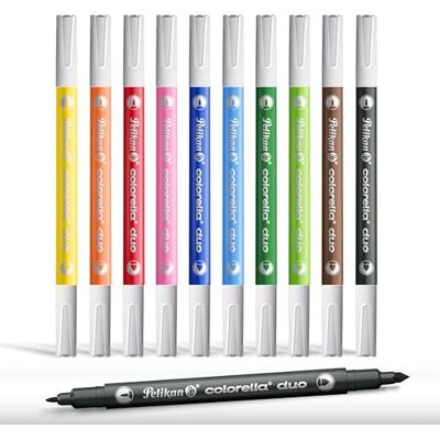 Pelikan Colorella Duo Fibre-tipppennor, paket med 10 färgpennor med dubbla spetsar med fina och koniska spetsar, tvättbart vattenbaserat bläck Pelikan Colorella Duo Fibre-tipppennor, paket med 10 färgpennor med dubbla spetsar med fina och koniska spetsar, tvättbart vattenbaserat bläck