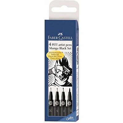 Faber-Castell 167132 Svart Bläckpenna Set, Etui om 4 Pennor, Inkluderar Finspetsar och Penselspetsar i Svart, Perfekta för Precist Tecknande eller Kreativ Manga-konst Faber-Castell 167132 Svart Bläckpenna Set, Etui om 4 Pennor, Inkluderar Finspetsar och Penselspetsar i Svart, Perfekta för Precist Tecknande eller Kreativ Manga-konst