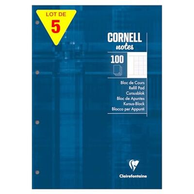 Clairefontaine 58199Cpack Bloc de cours "CORNELL notes" perf. 4 trous 21x29,7cm 200p réglure Cornell séyès PAQ DE 5 Clairefontaine 58199Cpack Bloc de cours "CORNELL notes" perf. 4 trous 21x29,7cm 200p réglure Cornell séyès PAQ DE 5