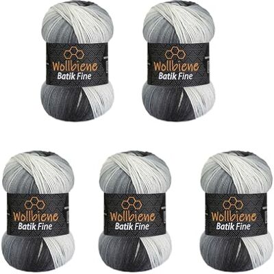 Wollbiene 5 x 100 g ullbi batik fin 500 gram ull med färggradient flerfärgad stickad ull virkull (5000 svart grå vit) Wollbiene 5 x 100 g ullbi batik fin 500 gram ull med färggradient flerfärgad stickad ull virkull (5000 svart grå vit)