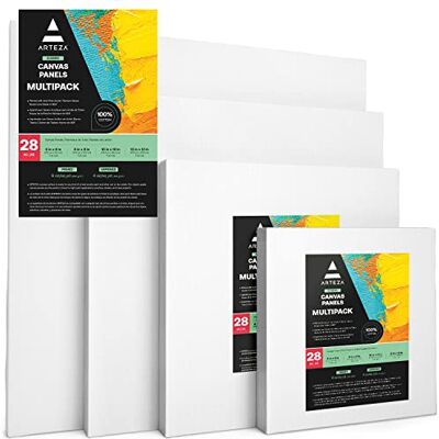 ARTEZA Målning kanvaspaneler multipack, 15 cm x 15 cm, 20 cm x 20 cm, 25 cm x 25 cm, 30 cm x 30 cm set med 28, grundad vit, 100% bomull med återvunnen brädkärna, för akryl, olja ARTEZA Målning kanvaspaneler multipack, 15 cm x 15 cm, 20 cm x 20 cm, 25 cm x 25 cm, 30 cm x 30 cm set med 28, grundad vit, 100% bomull med återvunnen brädkärna, för akryl, olja