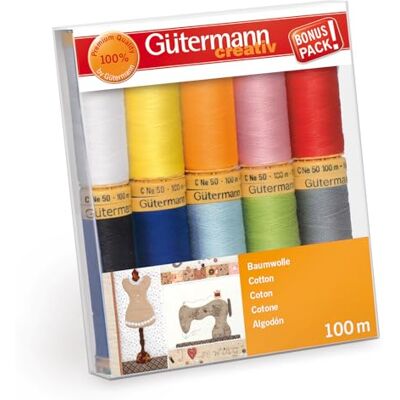Gütermann creativ Sytrådset med 10 spolar bomull 100 m i olika färger, flerfärgad, 100 x 118 x 22 mm Gütermann creativ Sytrådset med 10 spolar bomull 100 m i olika färger, flerfärgad, 100 x 118 x 22 mm