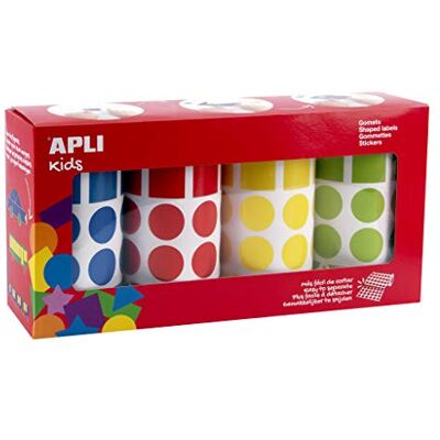APLI Kids 18804 – förpackning med 8260 stycken i 4 rullar (blå, röd, gul, grön) med olika geometriska former (cirklar, kvadrater, rektanglar, trianglar), 20 mm, permanent limmande. APLI Kids 18804 – förpackning med 8260 stycken i 4 rullar (blå, röd, gul, grön) med olika geometriska former (cirklar, kvadrater, rektanglar, trianglar), 20 mm, permanent limmande.