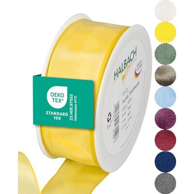 Halbach sidenband premium presentband med trådkant bredd 40 mm längd 25 m Öko-Tex 100 certifierat band Taftband Made in Germany, färg: ljusgul Halbach sidenband premium presentband med trådkant bredd 40 mm längd 25 m Öko-Tex 100 certifierat band Taftband Made in Germany, färg: ljusgul